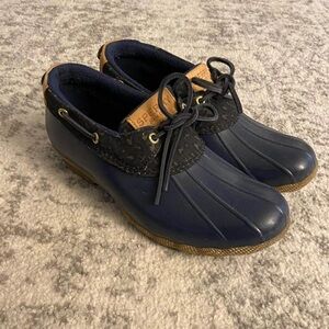Sperry Womens Size 9.5 Saltwater 1 Eye Cheetah Navy Slip on Duck Boots Shoes